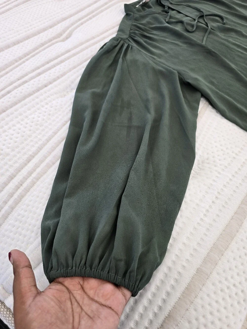 Loft Women's Dark Green Blouse W String-tie Neck Style & Puff Sleeves - Large